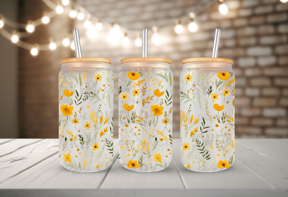 Yellow Wildflowers UV Dtf 16oz glass can wrap