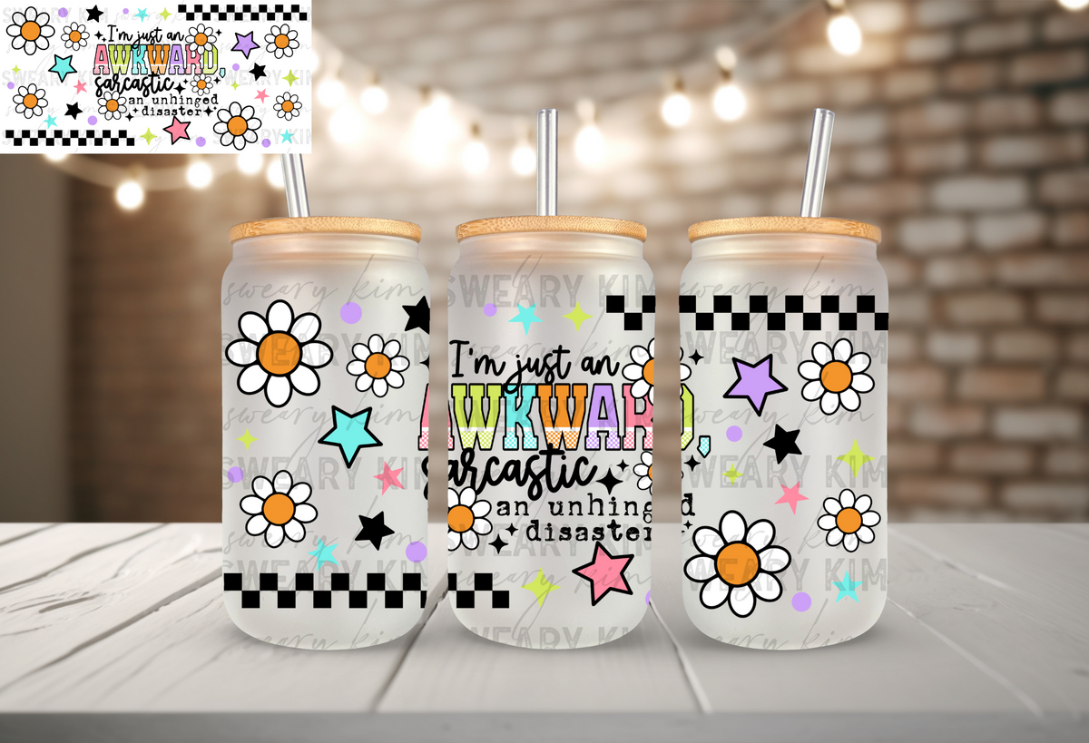 Awkward Unhinged Disaster UV Dtf 16oz glass can wrap