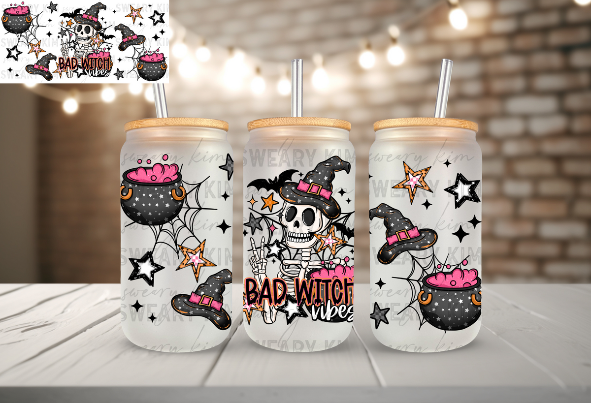 Bad Witch Vibes UV Dtf 16oz glass can wrap