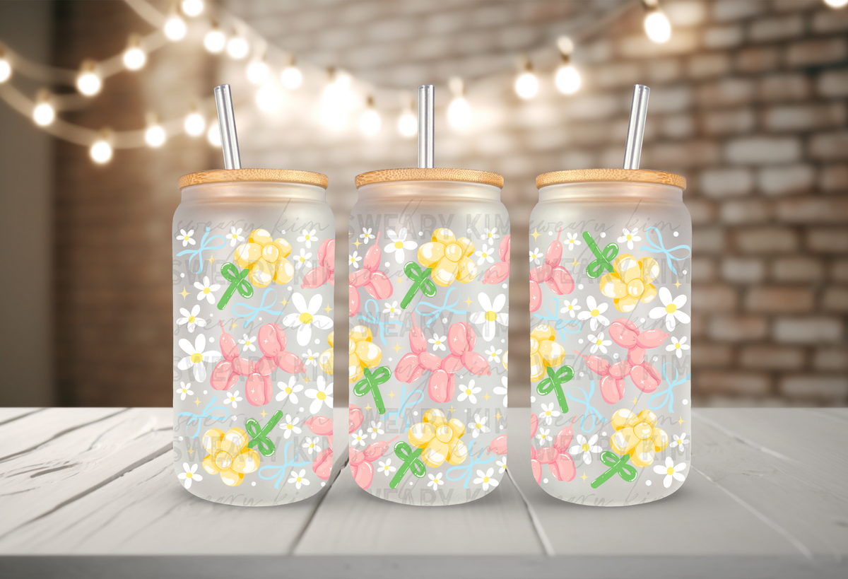 Balloon Dogs & Flowers UV Dtf 16oz glass can wrap