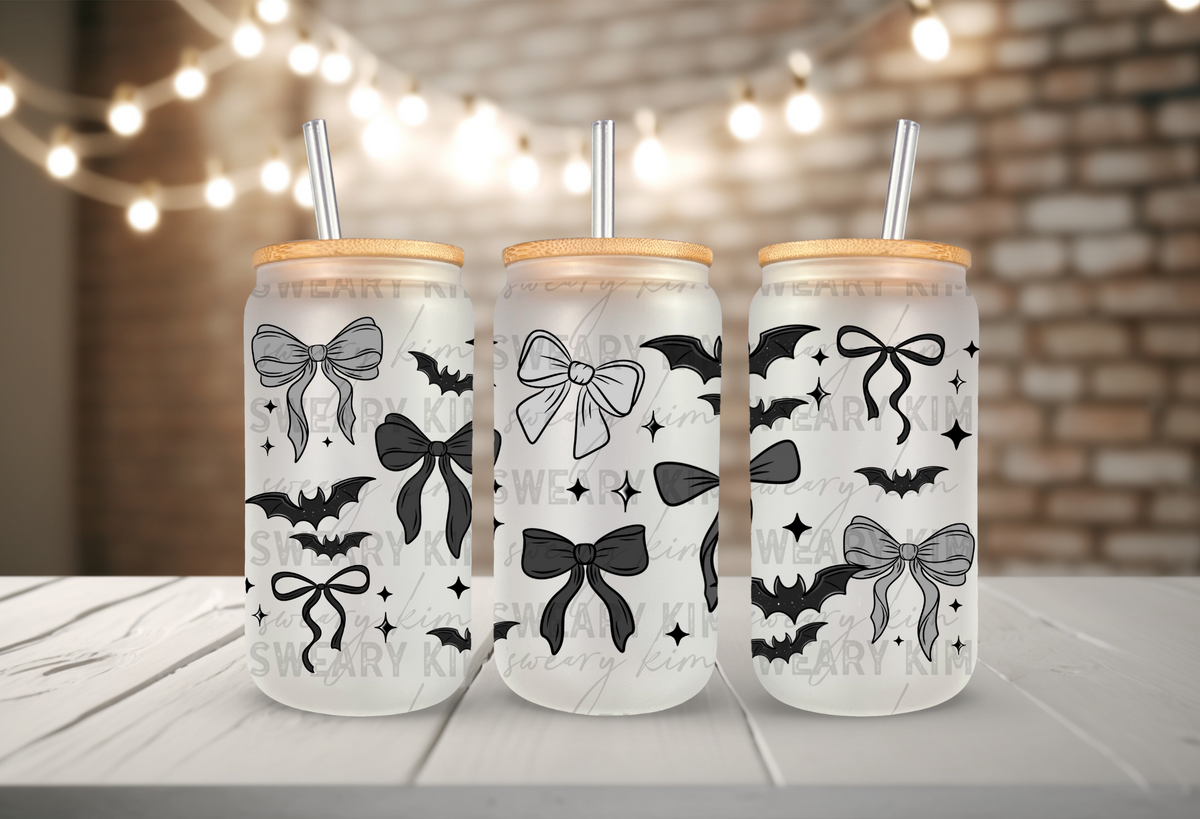 Black & Grey Bats & Bows UV Dtf 16oz glass can wrap