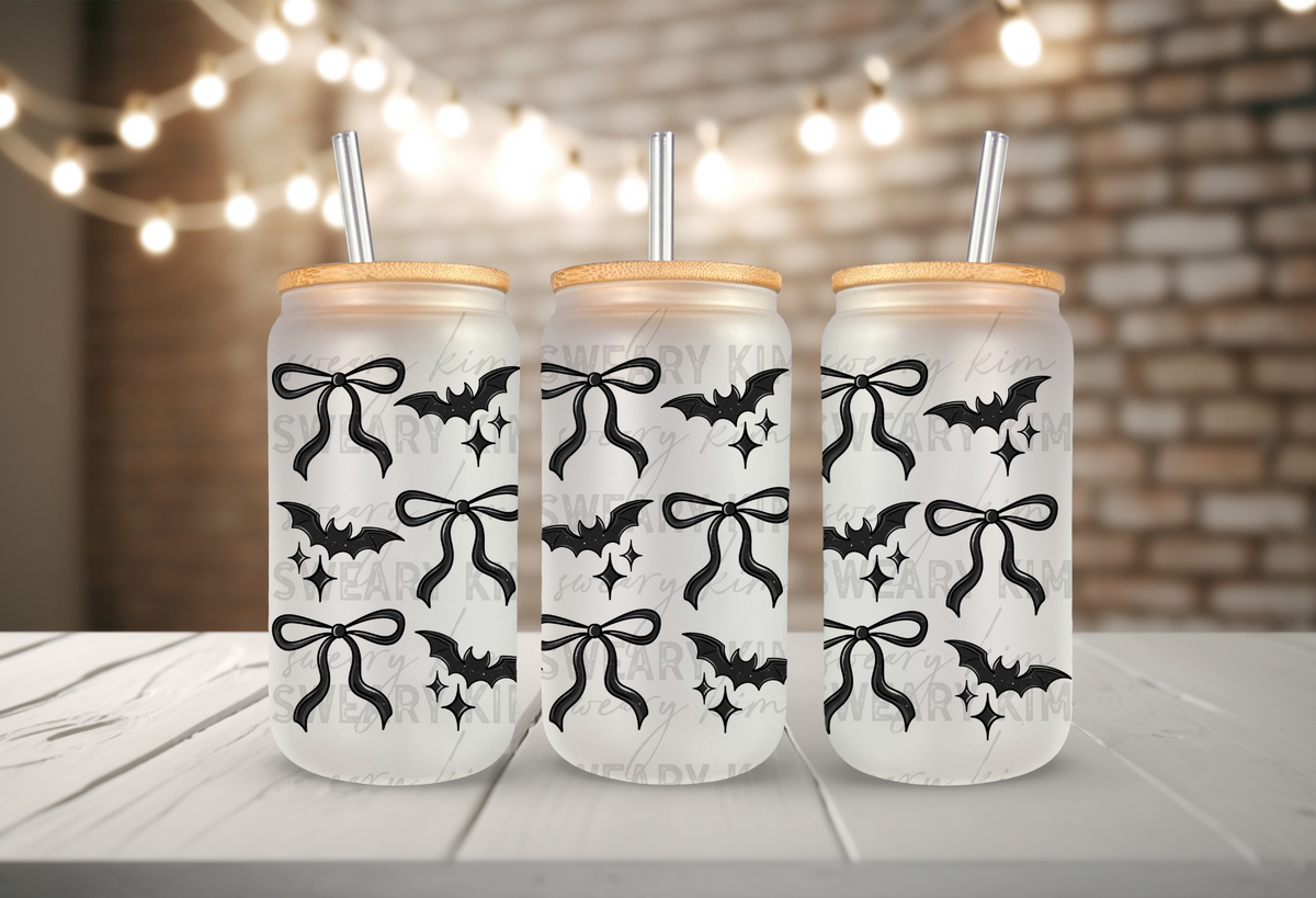 Black Dainty Bats & Bows UV Dtf 16oz glass can wrap