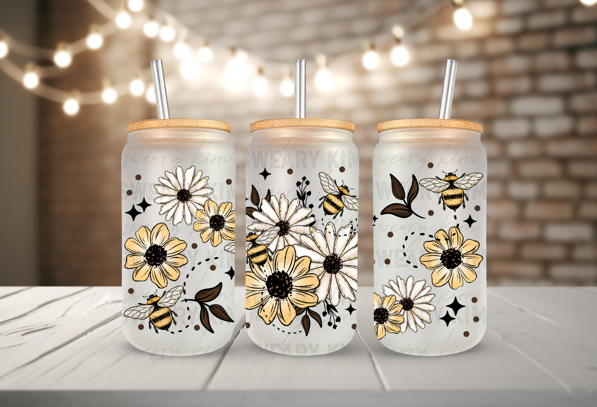 Chubby Bee Flower Sketches UV Dtf 16oz glass can wrap
