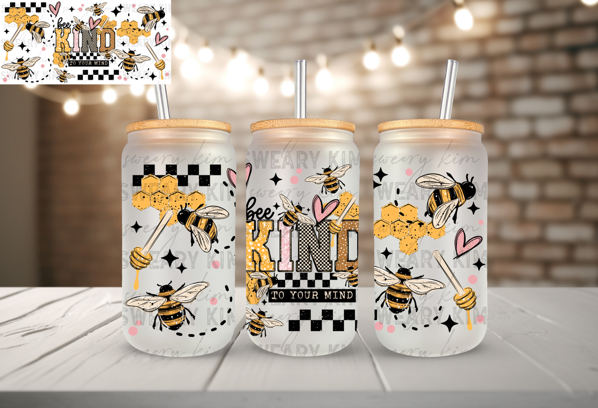 Bee Kind To Your Mind Bee Sketches UV Dtf 16oz glass can wrap
