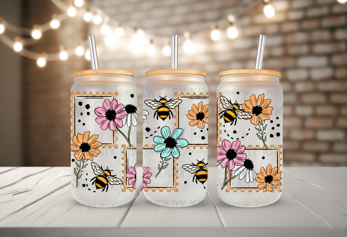 Floral Bee Scrapbook Frames UV Dtf 16oz glass can wrap