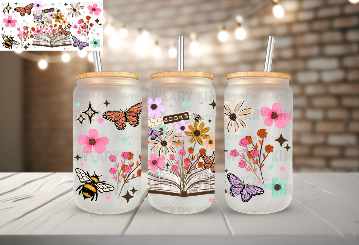 Floral Blooming Book UV Dtf 16oz glass can wrap