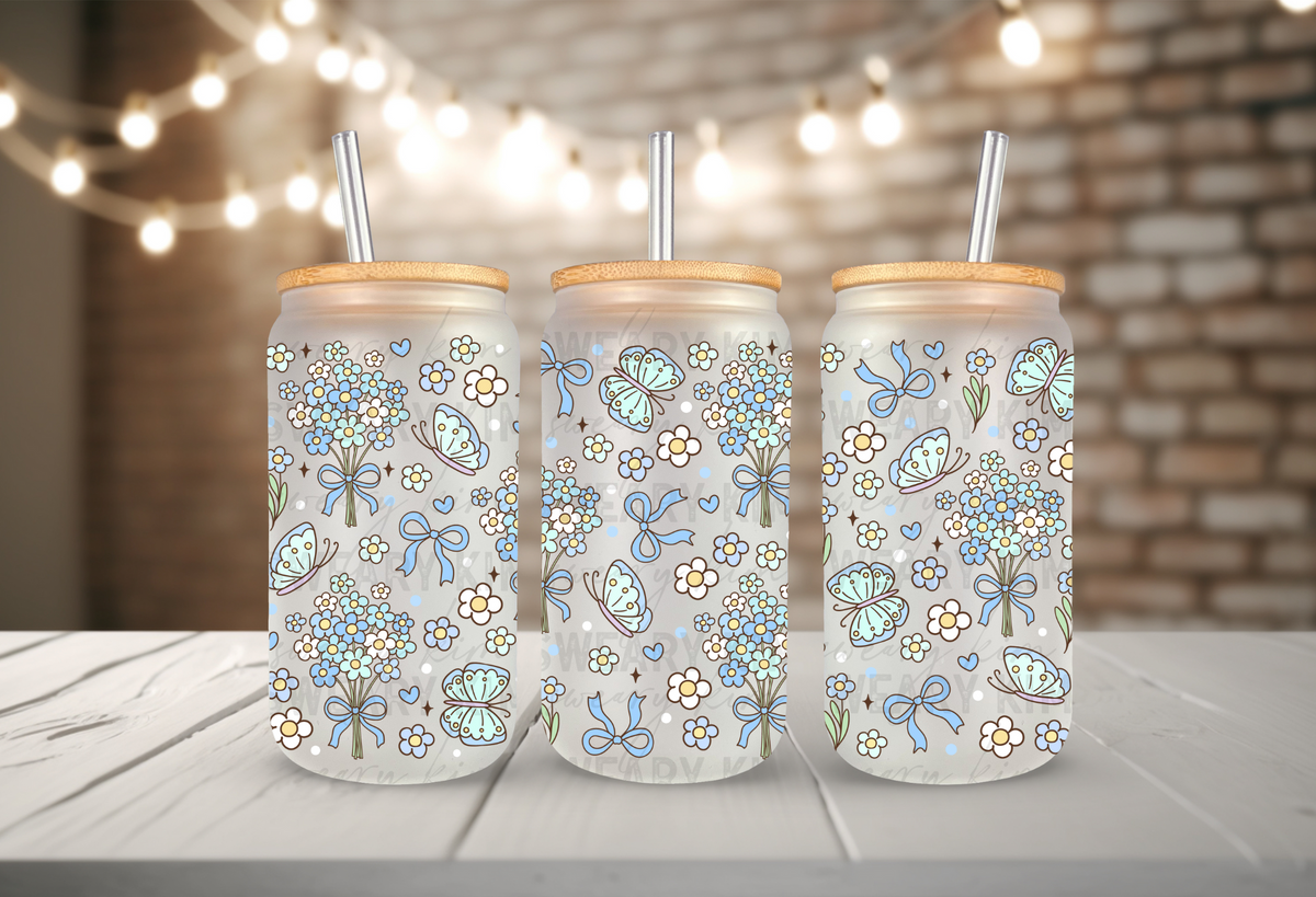 Blue Bouquets, Bows, & Butterflies UV Dtf 16oz glass can wrap