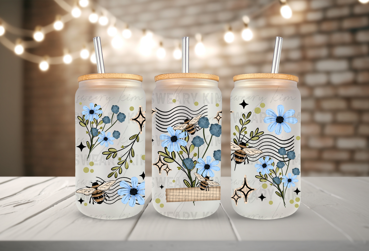 Blue Flowers & Bees UV Dtf 16oz glass can wrap