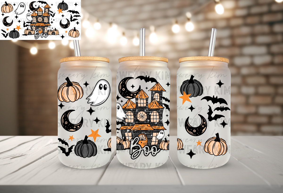 Boo Haunted House UV Dtf 16oz glass can wrap