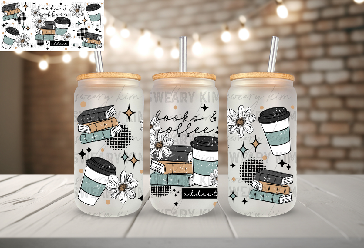 Books & Coffee Addict UV Dtf 16oz glass can wrap