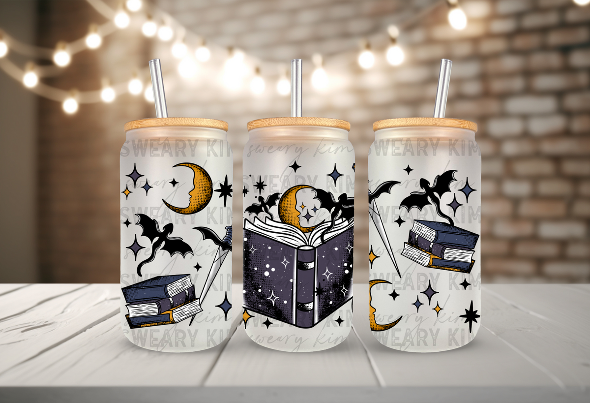 Books & Swords UV Dtf 16oz glass can wrap
