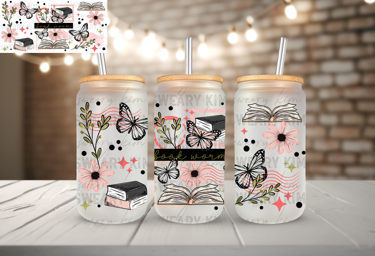 Book Worm UV Dtf 16oz glass can wrap