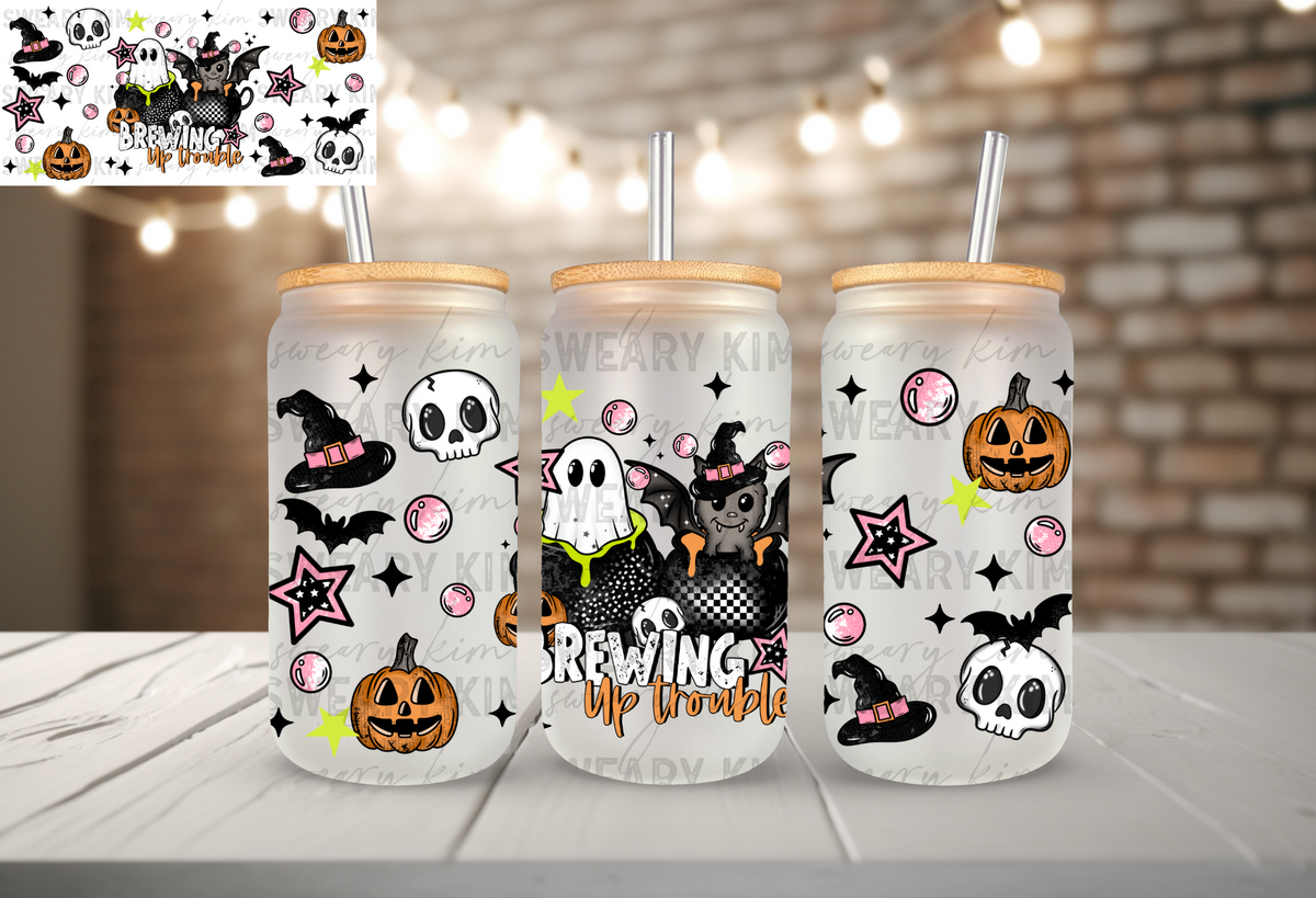 Brewing Up Trouble UV Dtf 16oz glass can wrap