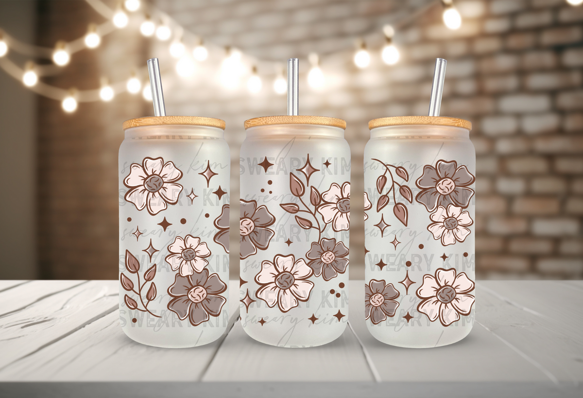 Brown & Cream Florals UV Dtf 16oz glass can wrap