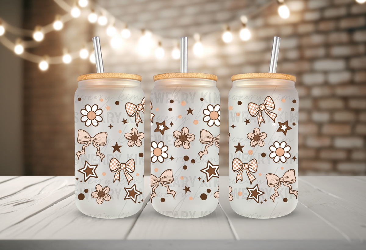 Dainty Brown Bows & Flowers UV Dtf 16oz glass can wrap