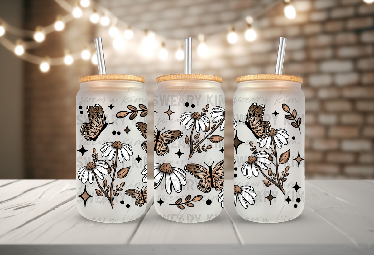 Brown Flowers & Butterflies UV Dtf 16oz glass can wrap