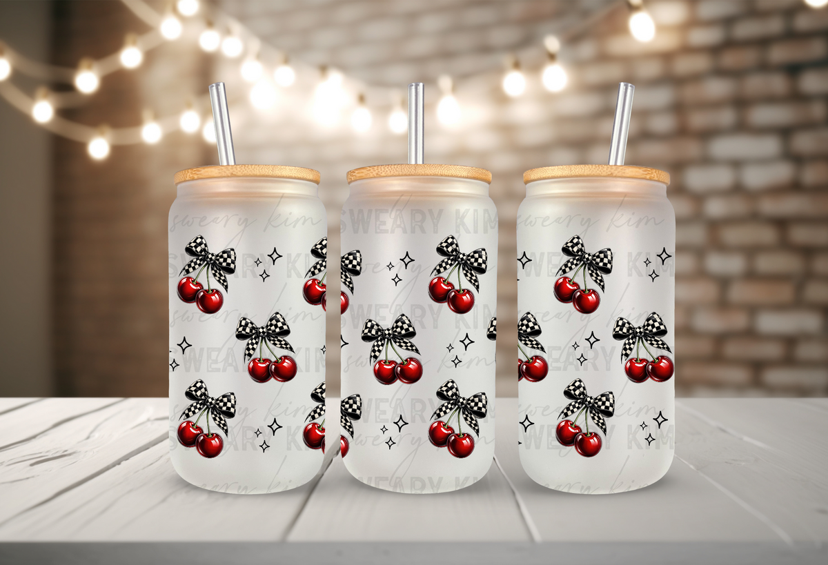Checkered Bow Cherries UV Dtf 16oz glass can wrap