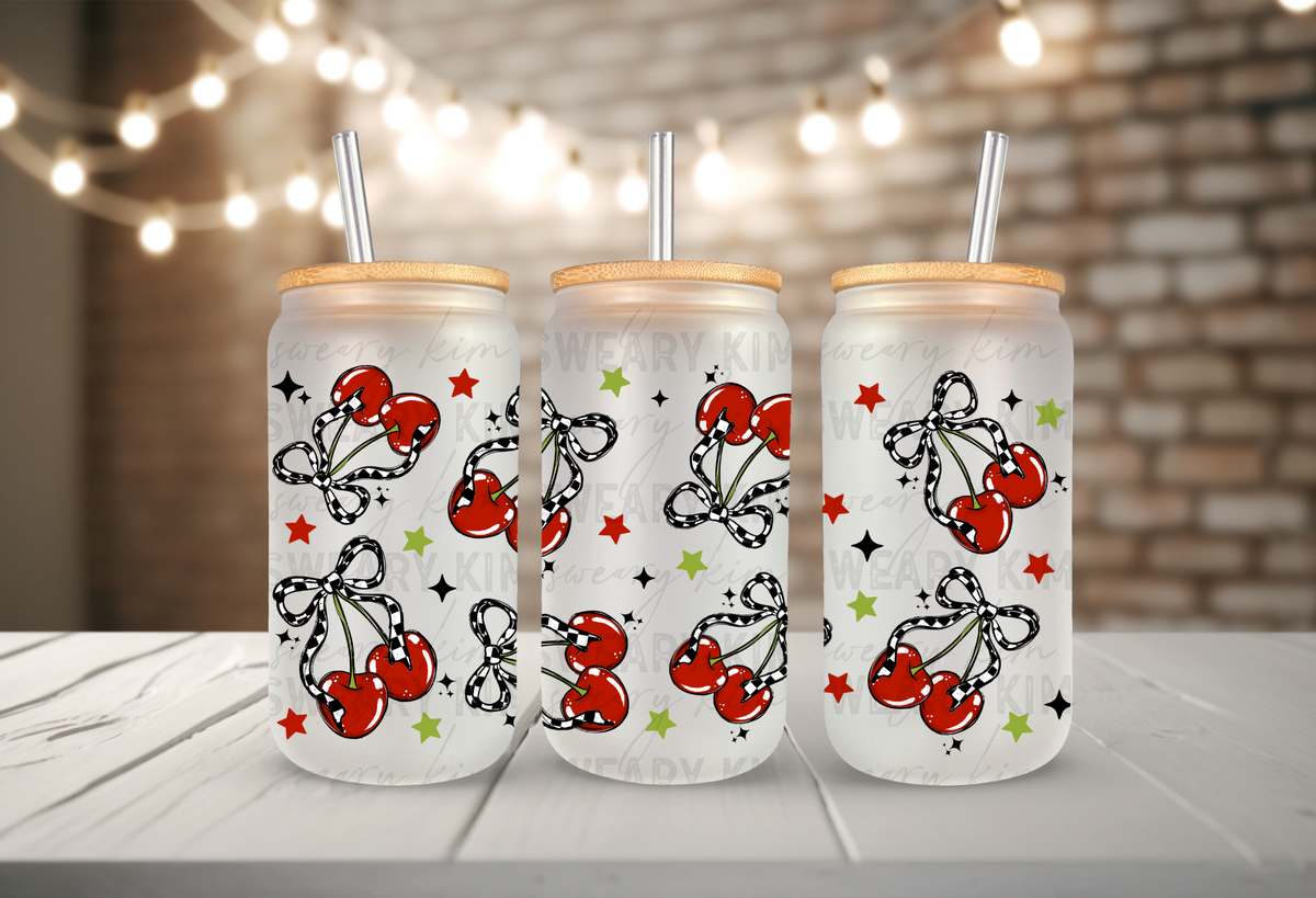 Retro Cherries & Stars UV Dtf 16oz glass can wrap
