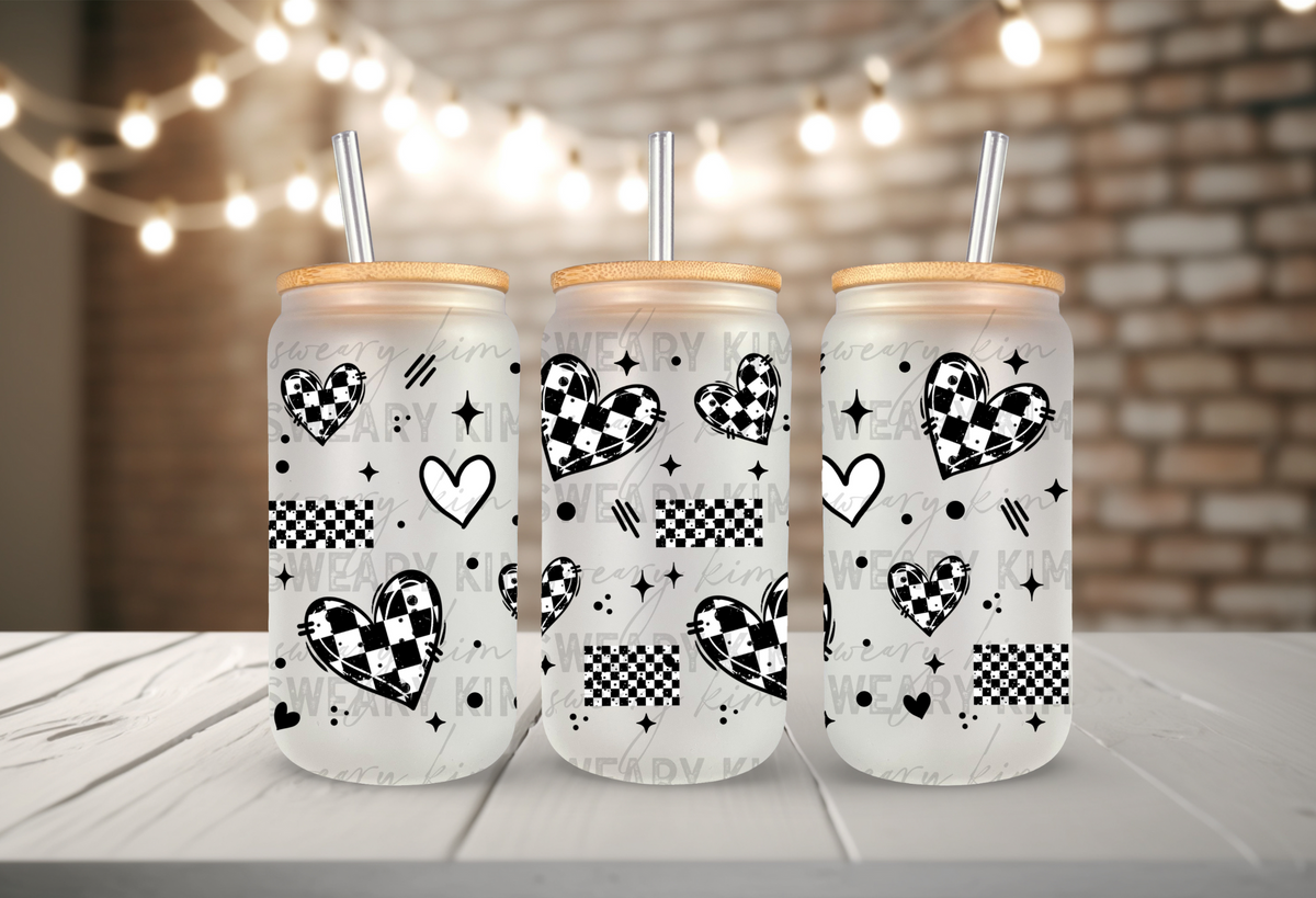 Checkered Hearts UV Dtf 16oz glass can wrap