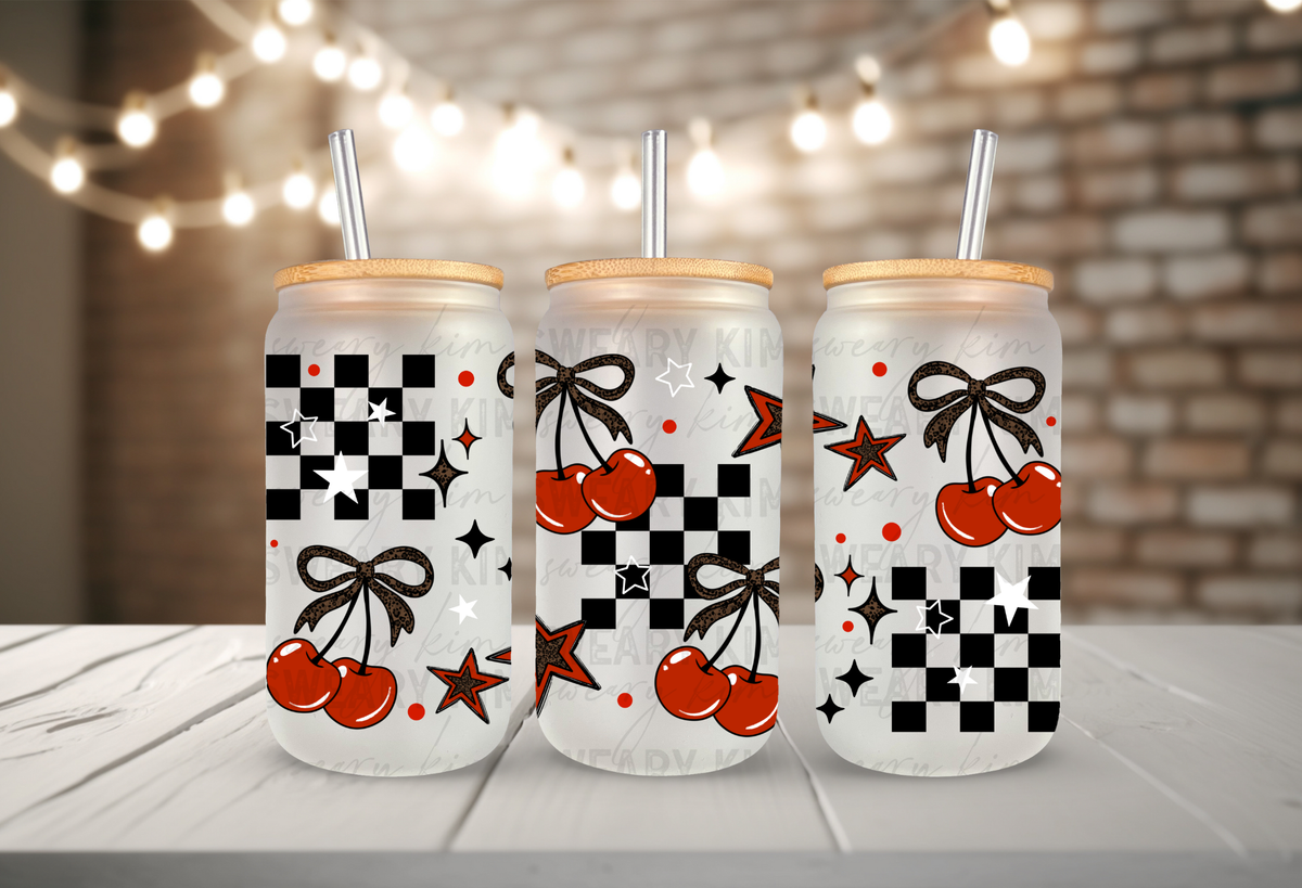 Leopard Bow Cherries & Stars UV Dtf 16oz glass can wrap
