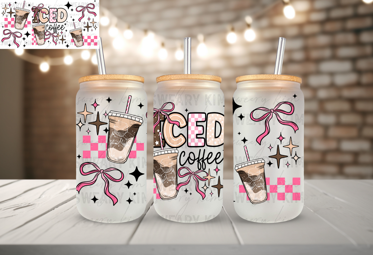 Patterned Iced Coffee & Bows UV Dtf 16oz glass can wrap