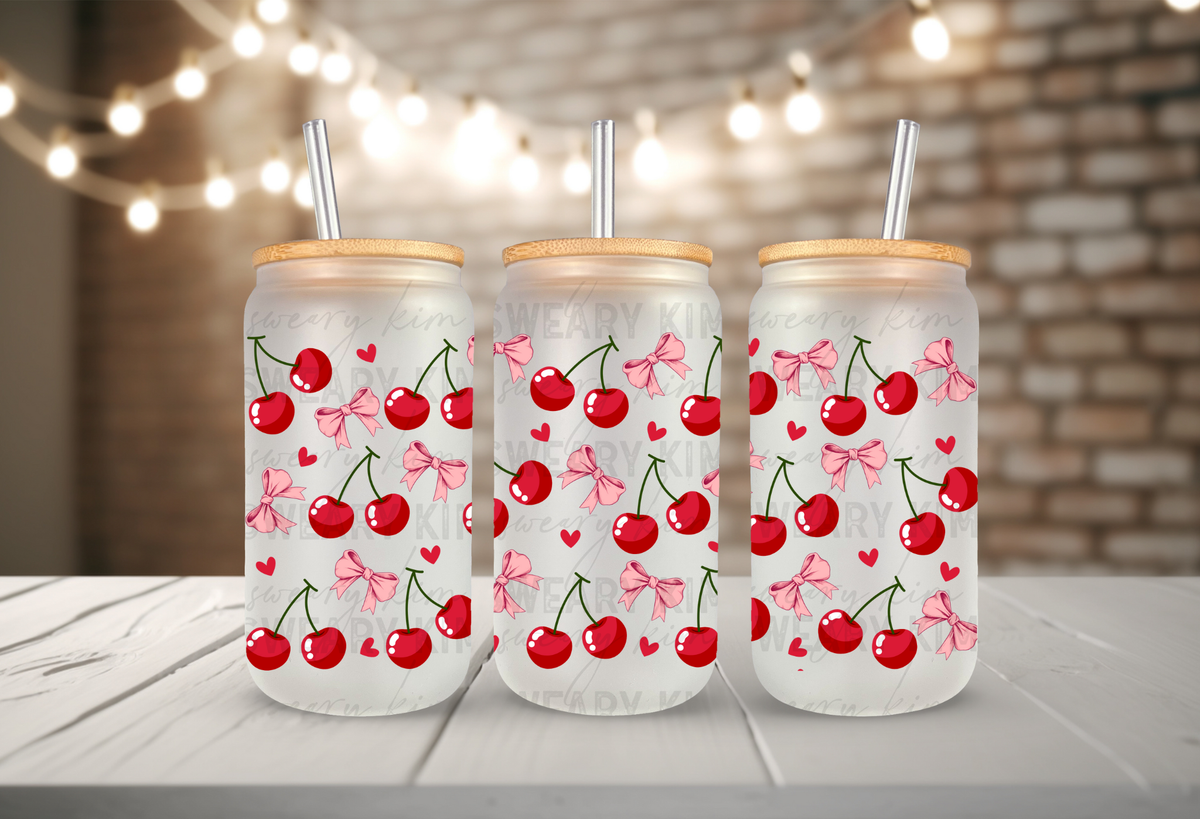 Cherries Bows & Hearts UV Dtf 16oz glass can wrap