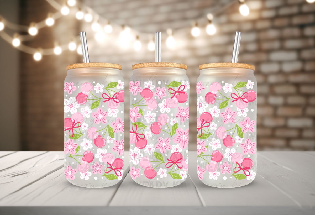 Pink Cherry Floral Wall UV Dtf 16oz glass can wrap