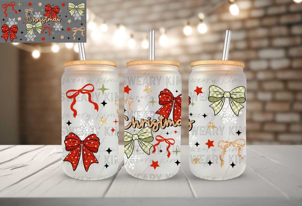 Faux Glitter Christmas Bows UV Dtf 16oz glass can wrap