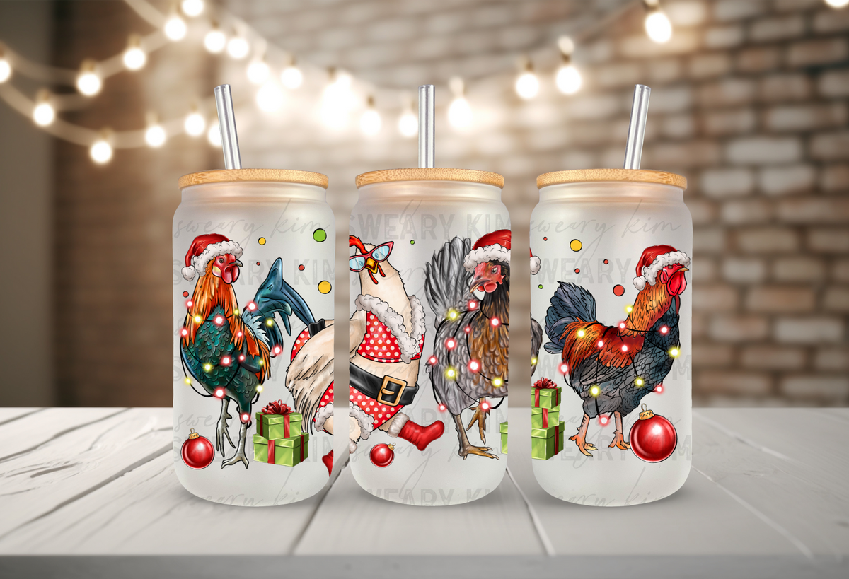 Christmas Chickens UV Dtf 16oz glass can wrap