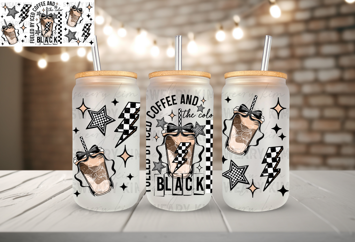 Fueled By Coffee & Color Black UV Dtf 16oz glass can wrap