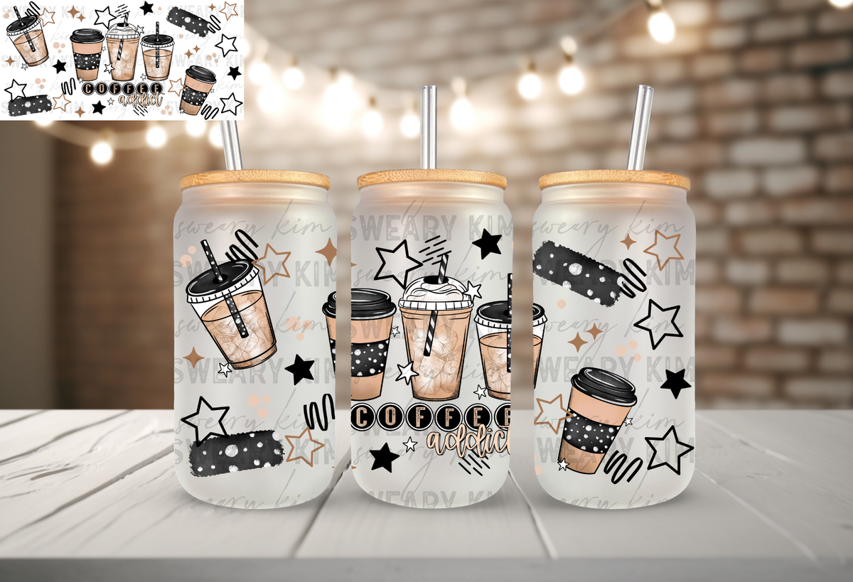 Coffee Addict Stars UV Dtf 16oz glass can wrap