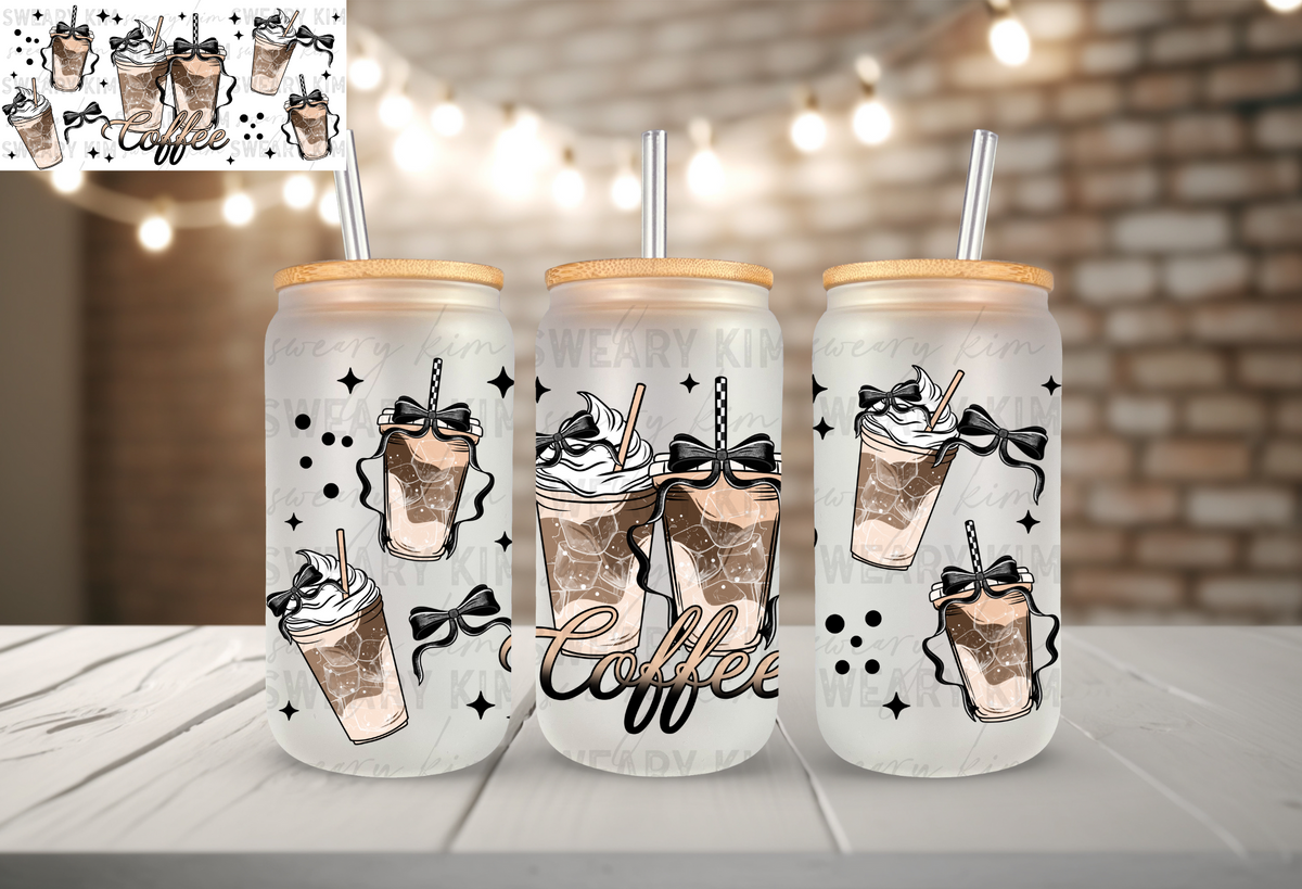 Black Iced Coffee & Bows UV Dtf 16oz glass can wrap