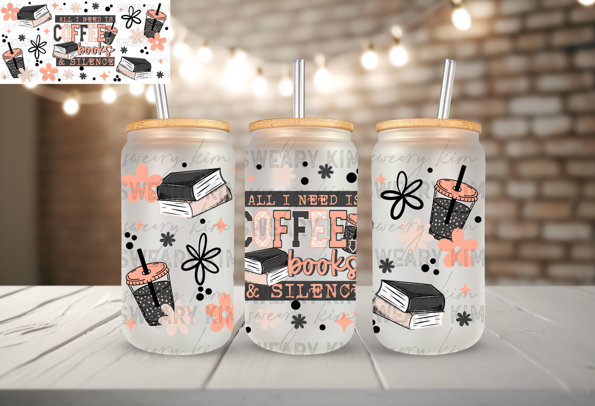 Coffee Books & Silence UV Dtf 16oz glass can wrap