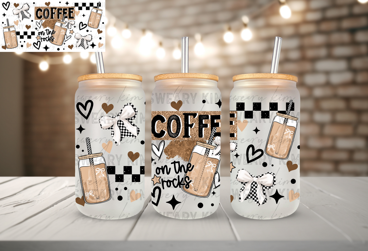 Coffee On The Rocks Bows UV Dtf 16oz glass can wrap