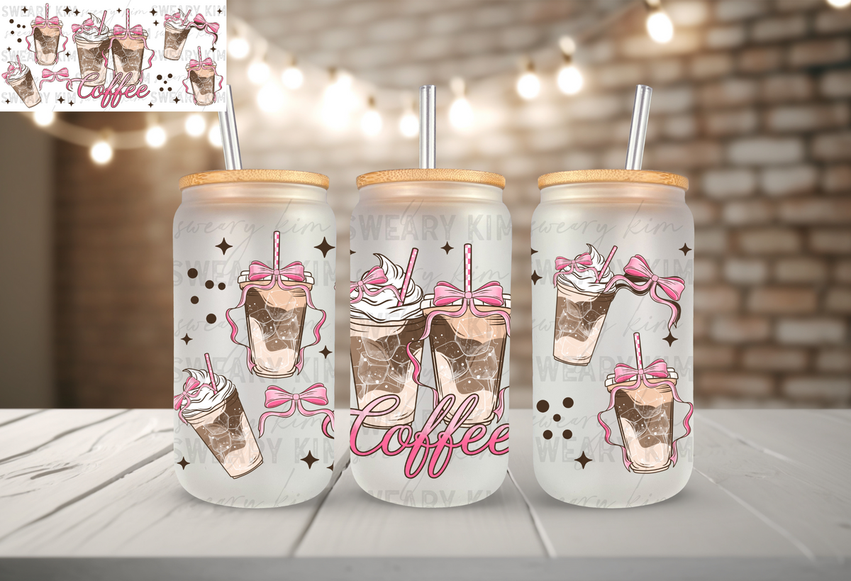 Pink Iced Coffee & Bows UV Dtf 16oz glass can wrap