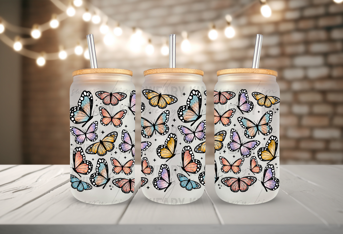 Colorful Butterflies UV Dtf 16oz glass can wrap