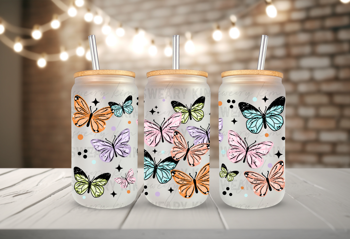 Colorful Butterfly Sketches UV Dtf 16oz glass can wrap