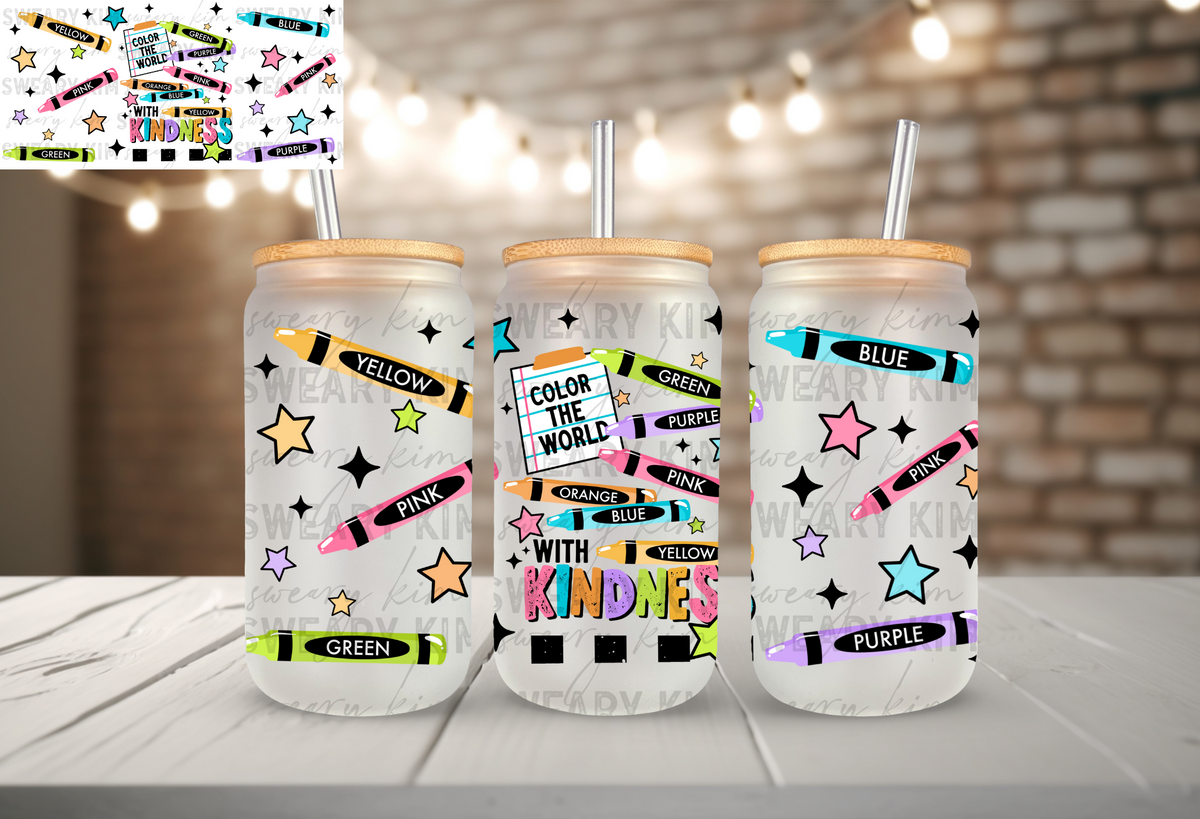 Color The World With Kindness UV Dtf 16oz glass can wrap
