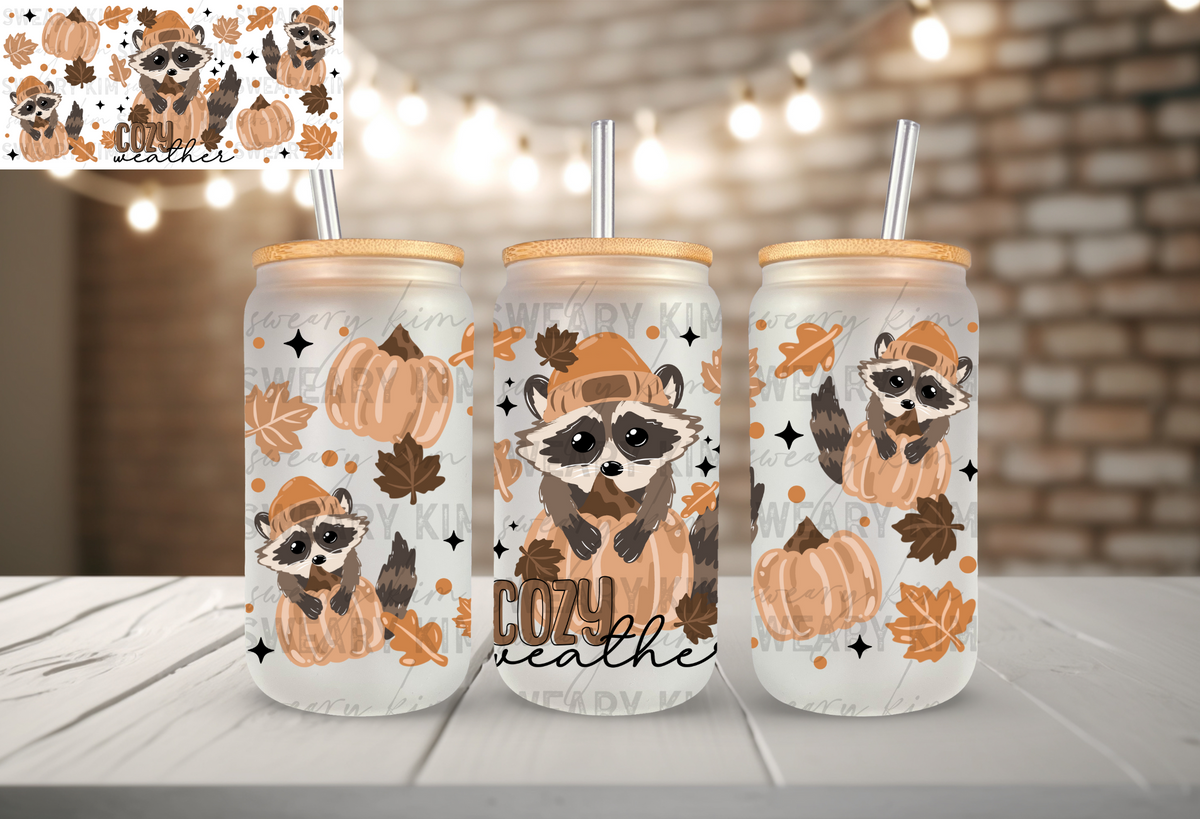 Cozy Weather Raccoon UV Dtf 16oz glass can wrap