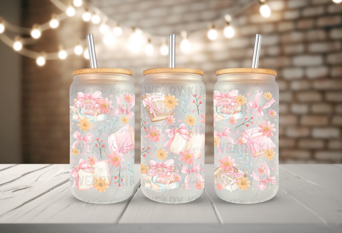 Dainty Books, Bows, & Flowers UV Dtf 16oz glass can wrap