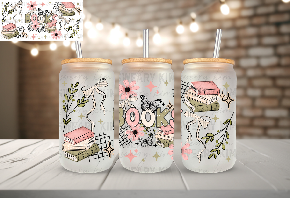 Dainty Book Stack UV Dtf 16oz glass can wrap