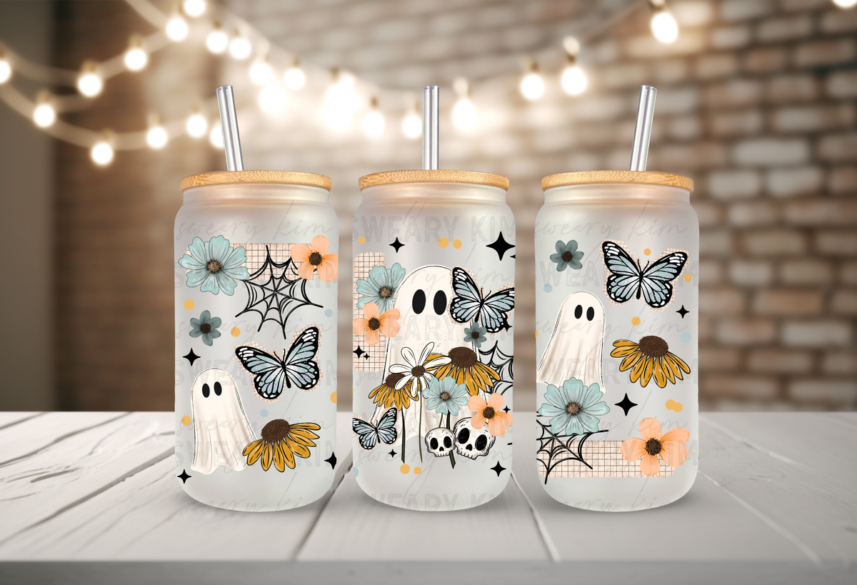 Wildflower Butterfly Ghost UV Dtf 16oz glass can wrap