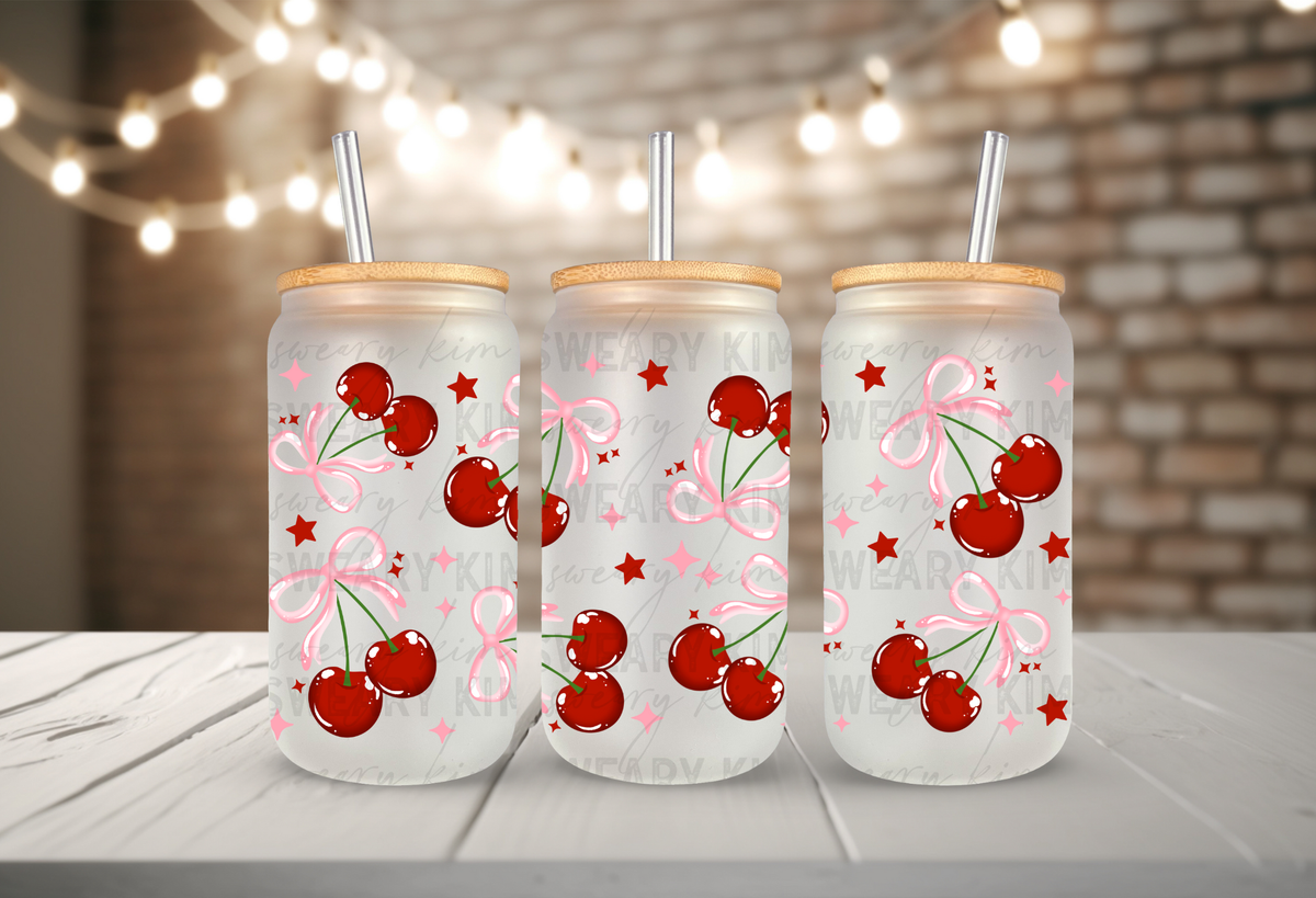 Classic Pink Bow Cherries & Stars UV Dtf 16oz glass can wrap