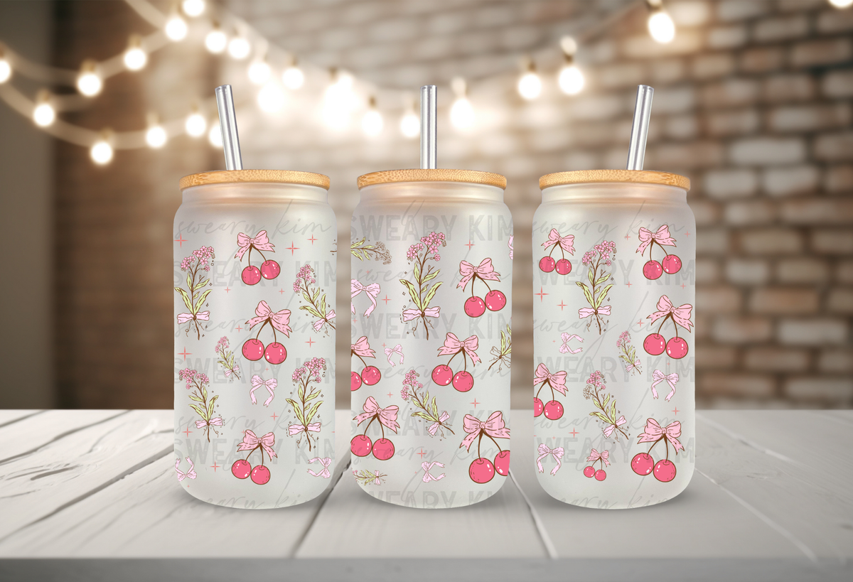 Dainty Pink Cherry Bouquets UV Dtf 16oz glass can wrap