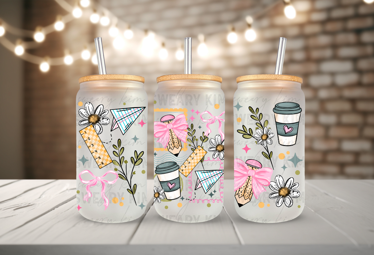 Dainty Teacher School Supplies UV Dtf 16oz glass can wrap