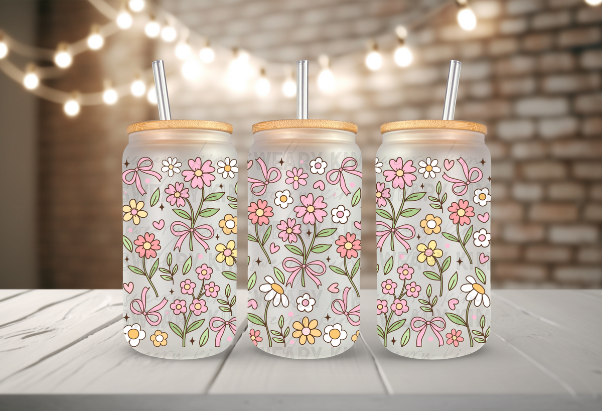 Dainty Flowers & Pink Bows UV Dtf 16oz glass can wrap