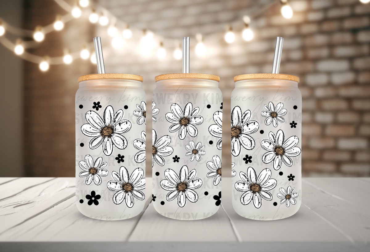 Sketched Flowers UV Dtf 16oz glass can wrap