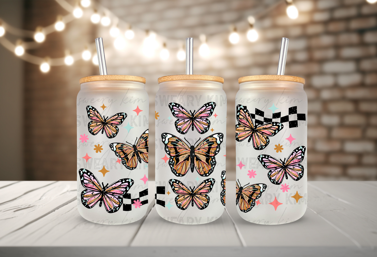 Butterfly & Checker Sketches UV Dtf 16oz glass can wrap