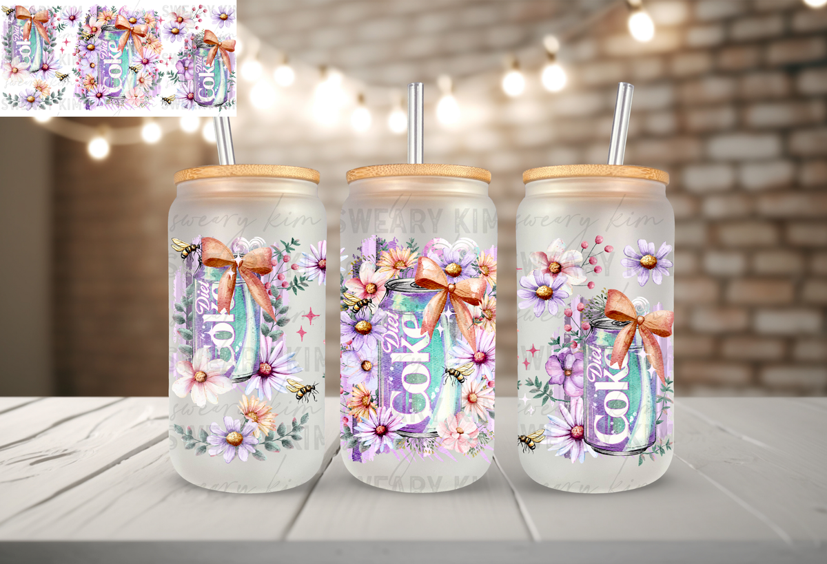 Diet Cola Florals UV Dtf 16oz glass can wrap