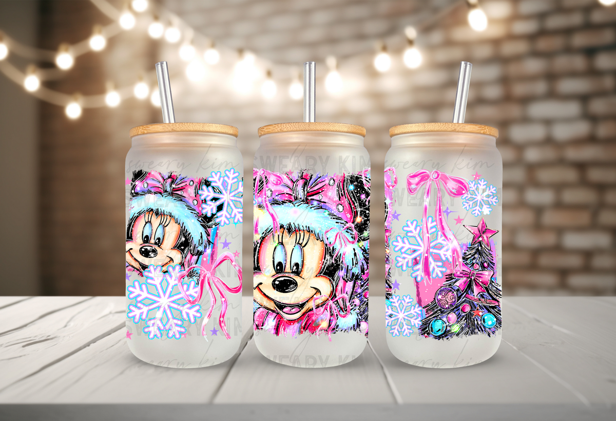 Digitized Xmas Girl Mouse UV Dtf 16oz glass can wrap